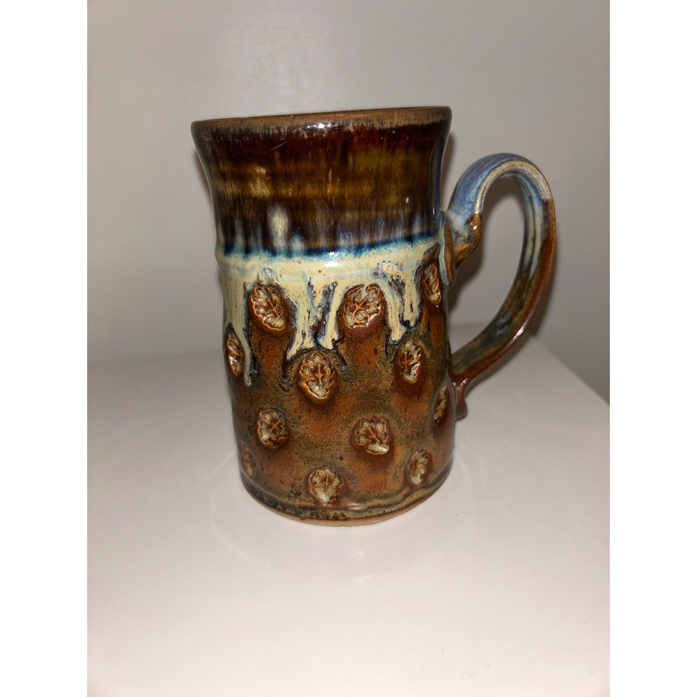 Cat Ouellette GSB 2015 Studio Pottery Mug Brown Blue Drip Leaf Glazed Ceramic